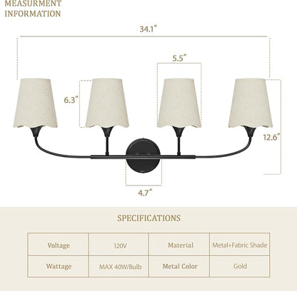 Morauroral Bathroom Light Fixtures Over Mirror, 4 Light Vanity Light for Bathroom, Black Vanity Light Fixtures with Fabric Linen Shade, E26 Socket Sconce Wall Decor(ETL Listed)