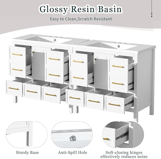 Merax 30 72 Inch White Bathroom Vanity with Double Sink,Modern Double Sink Vanity with 10 Drawers & 2 Spacious Cabinets,Soft Closing Doors with Gold Handles,Solid Wood Frame,Grid Front(2 * 36 Inch)
