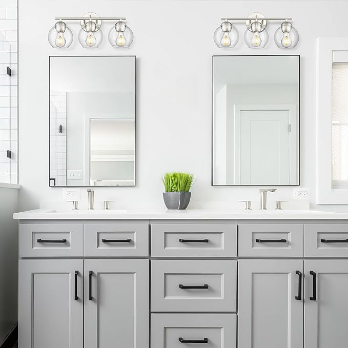 Emak Modern Brushed Nickel Bathroom Light Fixtures, 3-Light Globe Vanity Lights with Clear Glass Shade, VL114-BN-3