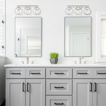 Emak Modern Brushed Nickel Bathroom Light Fixtures, 3-Light Globe Vanity Lights with Clear Glass Shade, VL114-BN-3