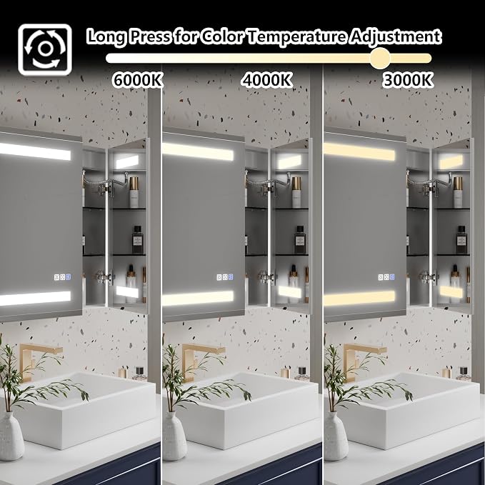 LED Bathroom Medicine Cabinet with Mirror, 24x36 Medicine Cabinet with Lights, Power Failure memor, Dimmable, Defogging, Recessed/Surface, Front&Backlit, Outlets, Dual-Opening