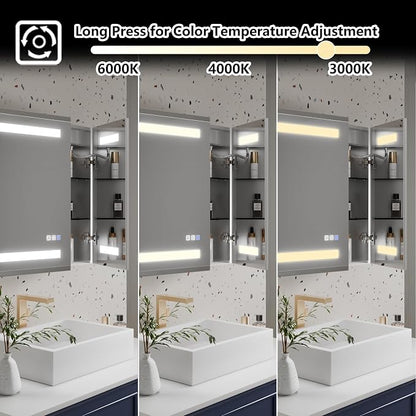 LED Bathroom Medicine Cabinet with Mirror, 24x36 Medicine Cabinet with Lights, Power Failure memor, Dimmable, Defogging, Recessed/Surface, Front&Backlit, Outlets, Dual-Opening
