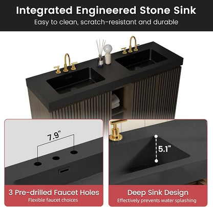 60 Inch Bathroom Vanity with Double Sink, Freestanding Double Sink Bathroom Vanity with Black Engineered Stone Top, Open Storage Cabinet & Adjustable Shelf, Smoked Oak Brown (3 Holes)