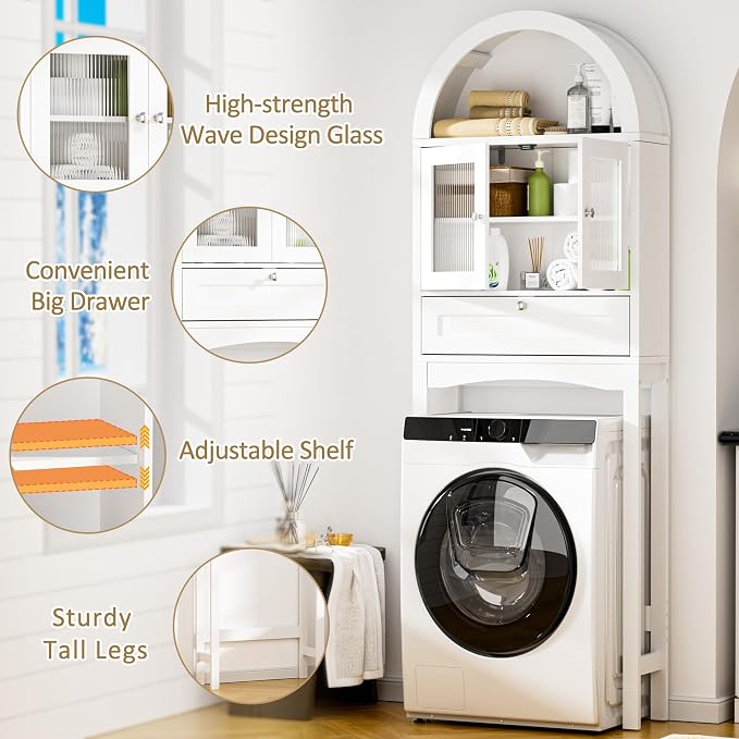 Spurgehom Over The Toilet Storage Cabinet with Glass Door (White) | Freestanding Bathroom Shelf Equipped with Anti-Tipping Device, Space-Saving Vertical Toiletries Storage Cabinet