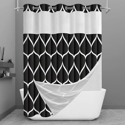 Gelbchu Black No Hook Shower Curtain with Snap-in Liner, 71 x 74 Inch | Built-In Hooks, Mesh Top Window, Water-Repellent, Machine Washable, Quick Drying, Premium Polyester, Hotel Style, Modern