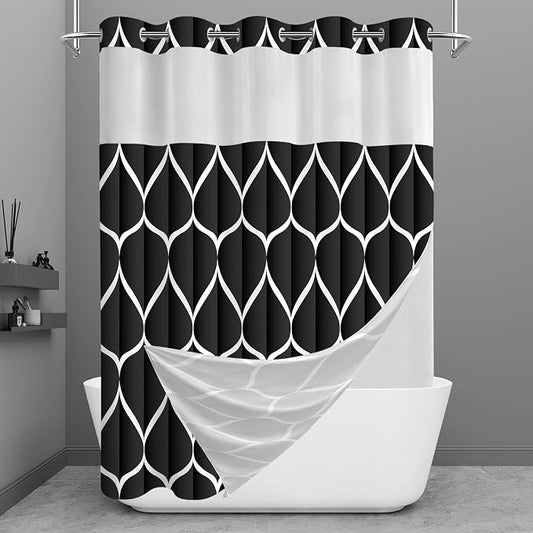 Gelbchu Black No Hook Shower Curtain with Snap-in Liner, 71 x 74 Inch | Built-In Hooks, Mesh Top Window, Water-Repellent, Machine Washable, Quick Drying, Premium Polyester, Hotel Style, Modern