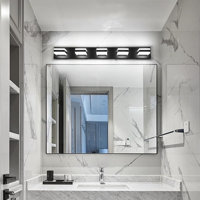 SOLFART Bathroom Lighting Fixtures, Bathroom Vanity Lights Over Mirror, Matt Black 5 Lights, Light Fixtures for Vanity Cool Light 6000K