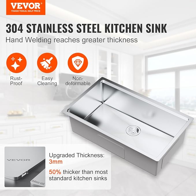 VEVOR 32 inch Kitchen Single Sink, 304 Stainless Steel Undermount Sink Drop-In Single Bowl Farmhouse Basin with Ledge & Multiple Accessories, Household Dishwasher Sinks for Prep Kitchen, Bar 32"*19"