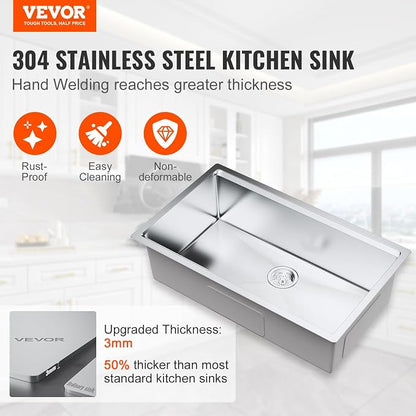 VEVOR 32 inch Kitchen Single Sink, 304 Stainless Steel Undermount Sink Drop-In Single Bowl Farmhouse Basin with Ledge & Multiple Accessories, Household Dishwasher Sinks for Prep Kitchen, Bar 32"*19"