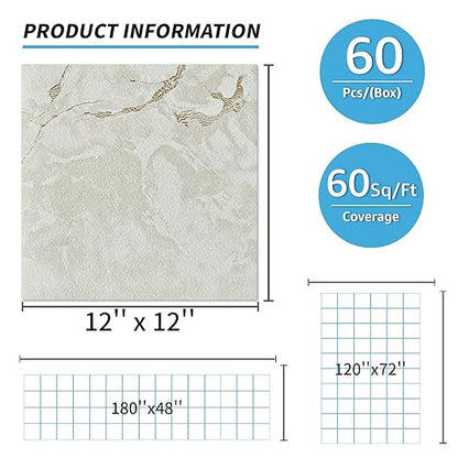 Art3d Peel and Stick Floor Tile, 60-Pack 12 x 12in. Covers 60 Sq.ft, Waterproof Vinyl Flooring Tiles Self Adhesive for Kitchen, Bathroom & Bedroom - White Grey Vein Marble