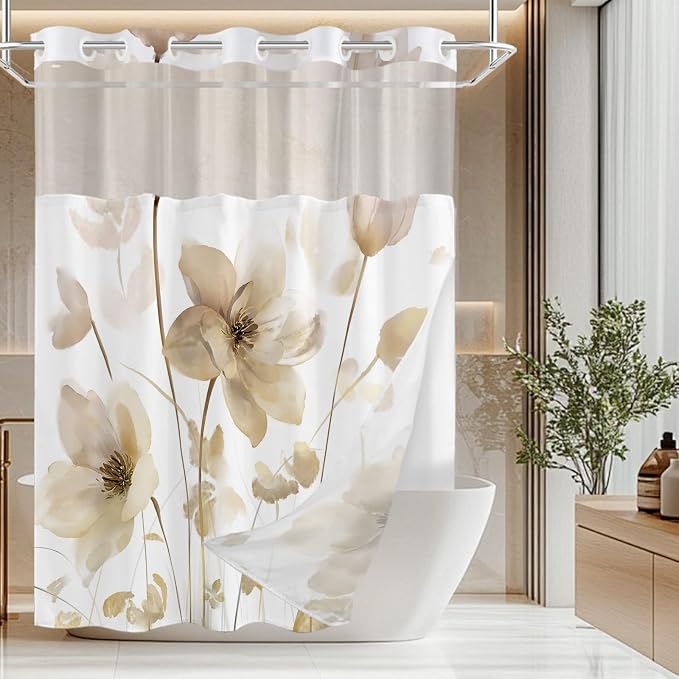 No Hook Shower Curtain and Liner Set, Yellow Boho Floral 71x84 | Watercolor Boho Flower, with Snap in Liner, Waterproof, Machine Washable, Quick-Drying, for Hotel Bathroom