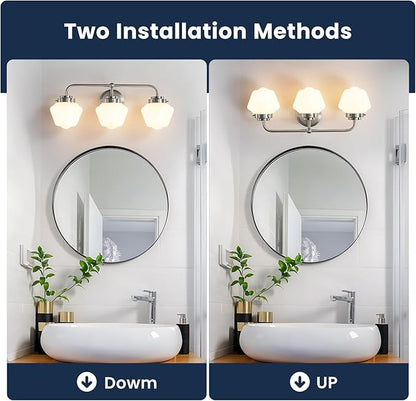 Bathroom Vanity Light Fixtures: 3-Lights Bathroom Lighting Fixtures Over Mirror, Brushed Nickel Vintage Wall Lights with Milky White Frosted Glass Shade for Bath Bedroom