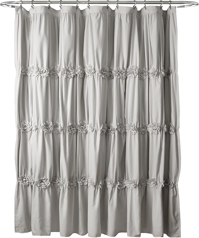 Lush Decor Darla Ruched Floral Bathroom Shower Curtain, 72” x 72”, Light Gray