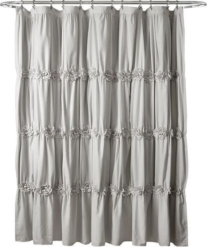 Lush Decor Darla Ruched Floral Bathroom Shower Curtain, 72” x 72”, Light Gray