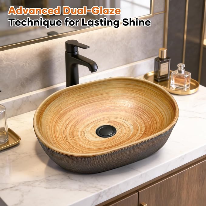 18.9" x 13.6'' Oval Vessel Sink, Retro Brown Ceramic Counter Sink | Hand-Colored Retro Brown Finish, Durable Ceramic, Oval Deep Basin, Above Counter Mount, Smooth Glaze For Easy Daily Cleaning