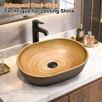 18.9" x 13.6'' Oval Vessel Sink, Retro Brown Ceramic Counter Sink | Hand-Colored Retro Brown Finish, Durable Ceramic, Oval Deep Basin, Above Counter Mount, Smooth Glaze For Easy Daily Cleaning