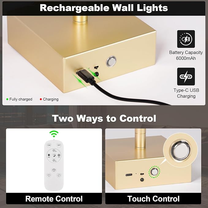 Battery Operated Wall Sconce Set of Two with Remote Control, 3000K-6000K Dimmable Gold Wall Lights, Timable LED Wireless Wall Sconces, 350° Ratate for Bathroom, Living Room, Hallway 39.4 Inch
