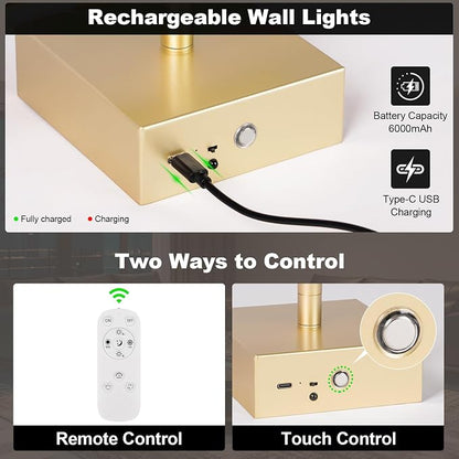 Battery Operated Wall Sconce, 3000K-6000K Dimmable Gold Wall Lights with Remote Control, Timable LED Wireless Wall Sconces, 350° Ratate for Bathroom, Living Room, Hallway 29.1 Inch 1 Pack