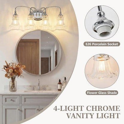 4-Light Vintage Bathroom Light Fixtures, Chrome | Vanity Lights Over Mirror with Floral Glass Shade for Bathroom Powder Room, Living Room Hallway