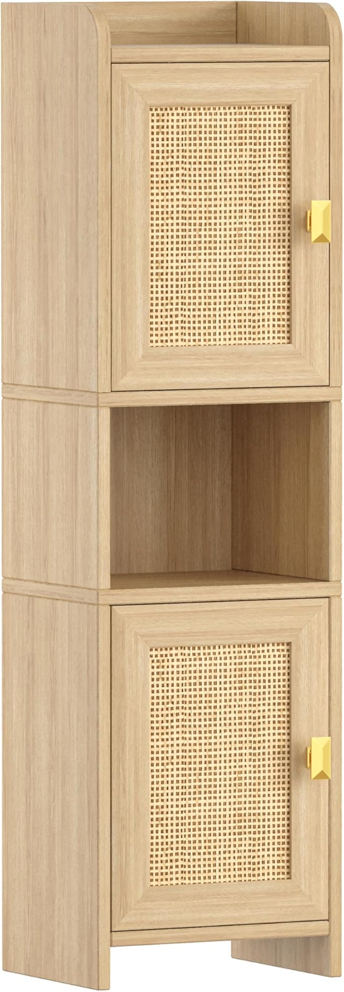 Rattan Small Bathroom Cabinet with 2 Doors, 7.9''D x 9.8''W x 34.8" H Narrow Floor Cabinet with Adjustable Shelf, Bathroom Organizer for Small Spaces, Wooden Corner Unit, Natural Oak