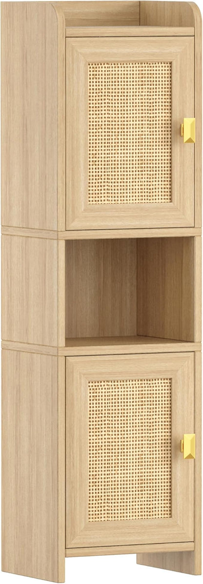 Rattan Small Bathroom Cabinet with 2 Doors, 7.9''D x 9.8''W x 34.8" H Narrow Floor Cabinet with Adjustable Shelf, Bathroom Organizer for Small Spaces, Wooden Corner Unit, Natural Oak