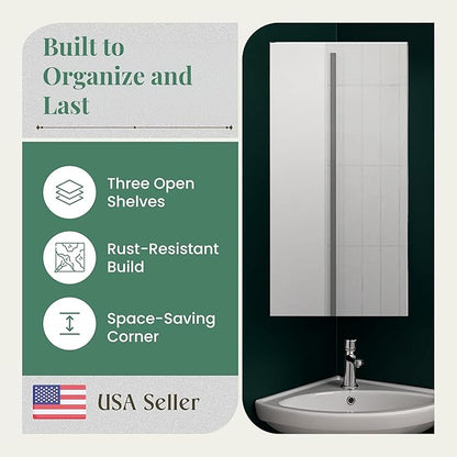 Renovators Supply Infinity Corner Medicine Cabinet with Mirror - Triple Shelf Storage Cabinet - Modern Wall Mount Medicine Cabinet - 23.6 in., Left Open, Polished Stainless Steel, Pack of 1