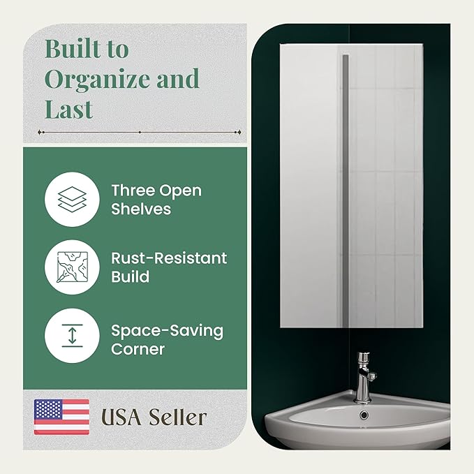 Renovators Supply Infinity Corner Medicine Cabinet with Mirror - Triple Shelf Storage Cabinet - Modern Wall Mount Medicine Cabinet - 23.6 in., Left Open, Brushed Stainless Steel, Pack of 1
