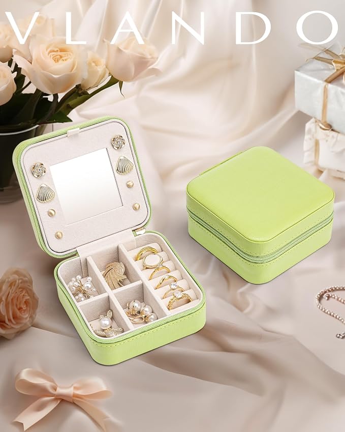 VLANDO Travel Jewelry Case with Mirror, Storage 3 Pairs of Stud Earrings | Necklace Hook for Anti-tangle, Removable Dividers, Waterproof PU Leather,Portable Storage for Rings, Necklace Gifts for Women