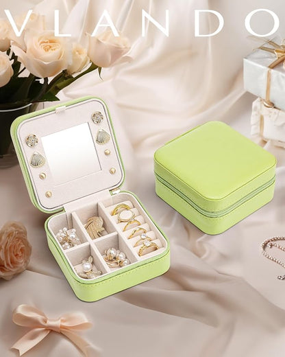 VLANDO Travel Jewelry Case with Mirror, Storage 3 Pairs of Stud Earrings | Necklace Hook for Anti-tangle, Removable Dividers, Waterproof PU Leather,Portable Storage for Rings, Necklace Gifts for Women