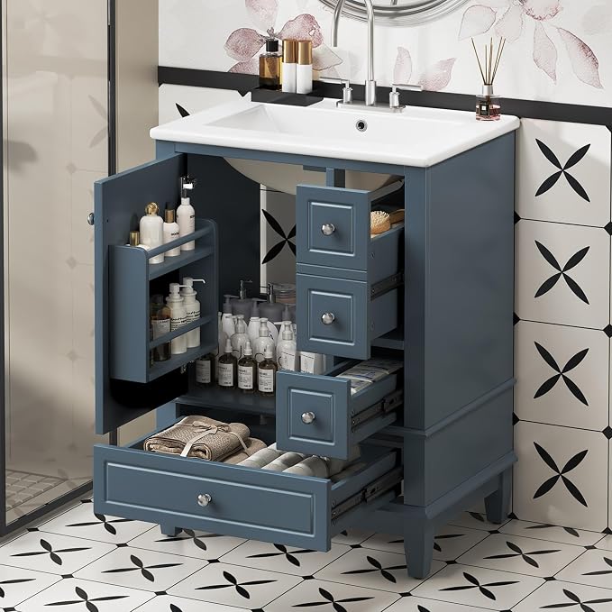 Bathroom Vanity with Ceramic Sink 24 Inch, Cabinet with One Door and Three Drawers, Soft-Closing Door, Solid Wood Legs, Blue Gray