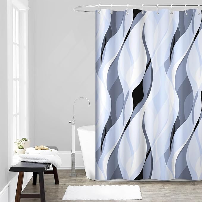 Light Blue Shower Curtain, Modern Abstract Blue and Grey Striped Shower Curtain Set for Bathroom Waterproof Polyester Shower Curtain with Hooks, 60x72 Inch