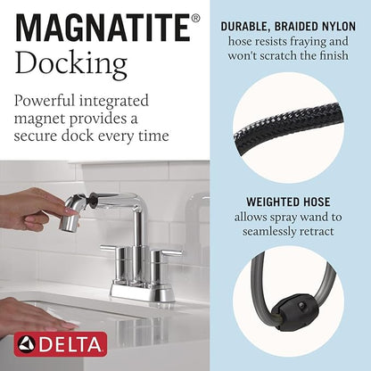 Delta Nicoli Centerset Chrome Bathroom Faucet with Sprayer, 4 Inch 3 Hole Bathroom Sink Faucet with Pull Out Sprayer, Push-Pop Drain, Chrome 25849LF-PD