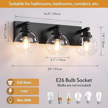 Bathroom Light Fixtures, 3-Light Matte Black Vanity Lights, Modern Bathroom Lighting Fixtures Over Mirror, Farmhouse Vanity Lights with Glass Shade for Living Room, Bedroom, Hallway