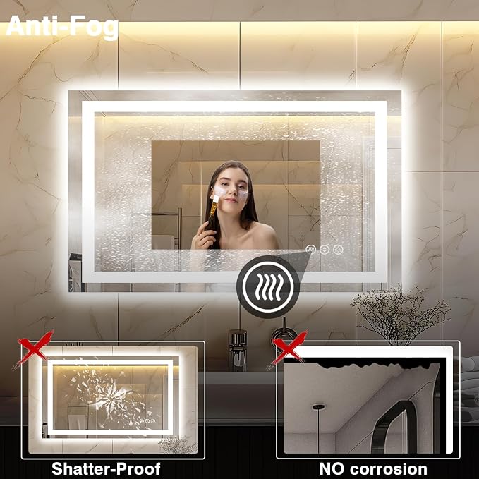 EchosLife 40"x24" LED Bathroom Mirror | Backlit + Front Lit, Anti-Fog, Stepless Dimmable, 3 Colors, Memory, Tempered Glass, UL Listed, Horizontal/Vertical