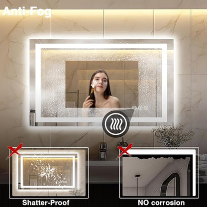 EchosLife 40"x24" LED Bathroom Mirror | Backlit + Front Lit, Anti-Fog, Stepless Dimmable, 3 Colors, Memory, Tempered Glass, UL Listed, Horizontal/Vertical