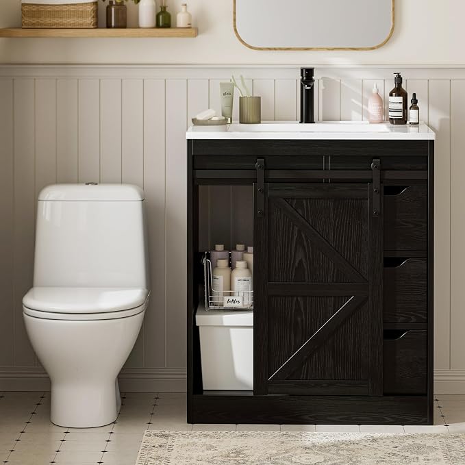 SUNTAGE Bathroom Vanity with Sink, Freestanding Farmhouse Bathroom Storage Cabinet with 3 Drawers & Sliding Door, White Resin Basin Vanity Combo Set (Wood Grain Black, 30")