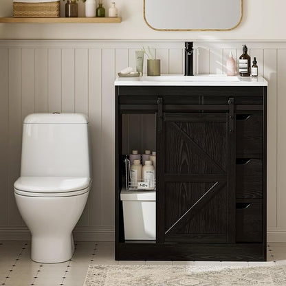 SUNTAGE Bathroom Vanity with Sink, Freestanding Farmhouse Bathroom Storage Cabinet with 3 Drawers & Sliding Door, White Resin Basin Vanity Combo Set (Wood Grain Black, 30")