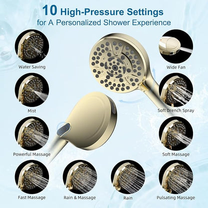 Hibbent Metal 10" High Pressure Rain Shower Head Combo, Polished Brass | cUPC Certified Rainfall Shower Head with handheld 10 Sprays, 16'' Adjustable Extension Arm, 71'' Hose, Showerhead Holder