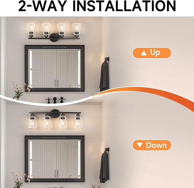 TALOYA 27 Inch Brushed Black Bathroom Light Fixtures with Thickend Clear Tapered Glass Shade, 4-Light Modern Vanity Light Over Mirror for Bathrooms, Bedrooms (Bulbs Not Included)