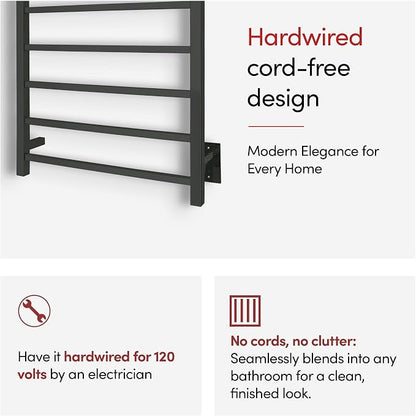 WarmlyYours Tahoe Heated Towel Rack, 7 Bars, Matte Black | Hardwired 120V heated towel rack for spa-like bathroom comfort, 427 BTU/hr, energy-efficient towel drying