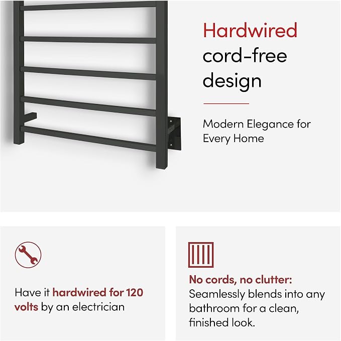 WarmlyYours Tahoe Heated Towel Rack, 7 Bars, Matte Black | Hardwired 120V heated towel rack for spa-like bathroom comfort, 427 BTU/hr, energy-efficient towel drying