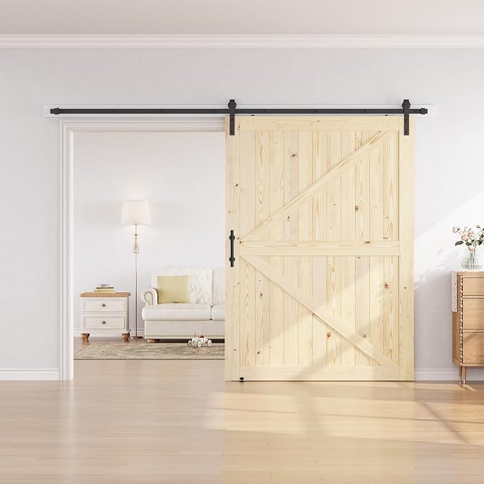 SmartStandard 60in x 84in Sliding Barn Wood Door, Natural, Fit 10FT Rail | Pre-Drilled Ready to Assemble, DIY Unfinished Solid Spruce Wood Panelled Slab, Interior Single Door Only, K-Frame