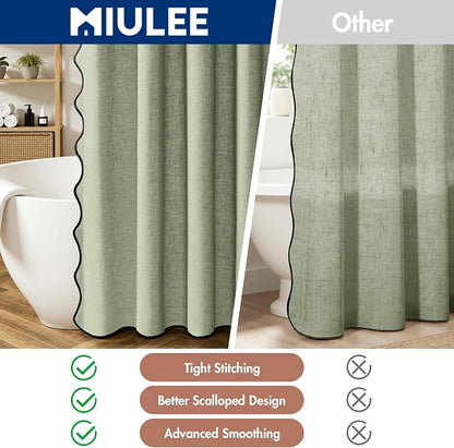 MIULEE Sage Green Scalloped Linen Shower Curtain 72W x 72L | 12 metal hooks, Linen scalloped, waterproof washable, thick heavy cloth, black border, boho farmhouse, bathroom hotel use