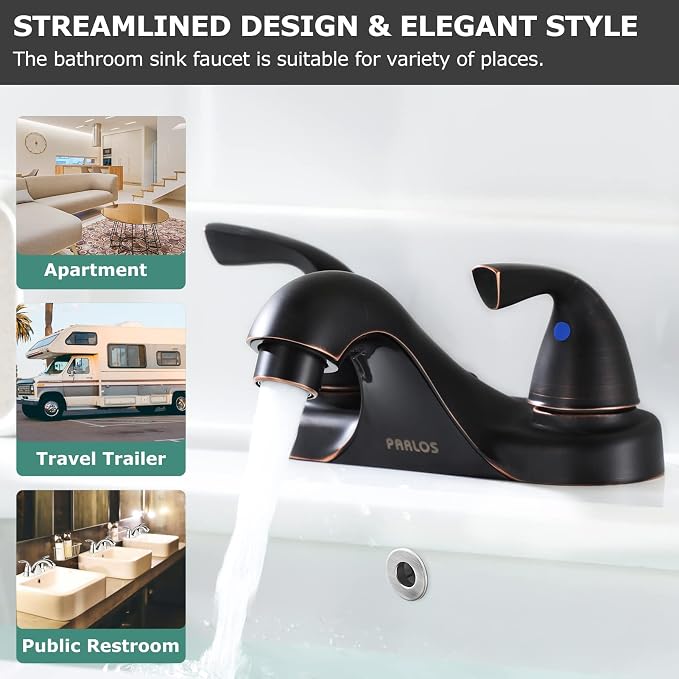 Oil Rubbed Bronze Bathroom Faucet 4 Inch Centerset for Lavatory Sink | Mid Arc, 2 Handle Lead-Free RV Bathroom Faucet with Metal Pop Up Drain Supply Lines, for 2 or 3 Hole Lavatory Utility Sink