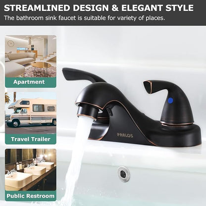 Oil Rubbed Bronze Bathroom Faucet 4 Inch Centerset for Lavatory Sink | Mid Arc, 2 Handle Lead-Free RV Bathroom Faucet with Metal Pop Up Drain Supply Lines, for 2 or 3 Hole Lavatory Utility Sink