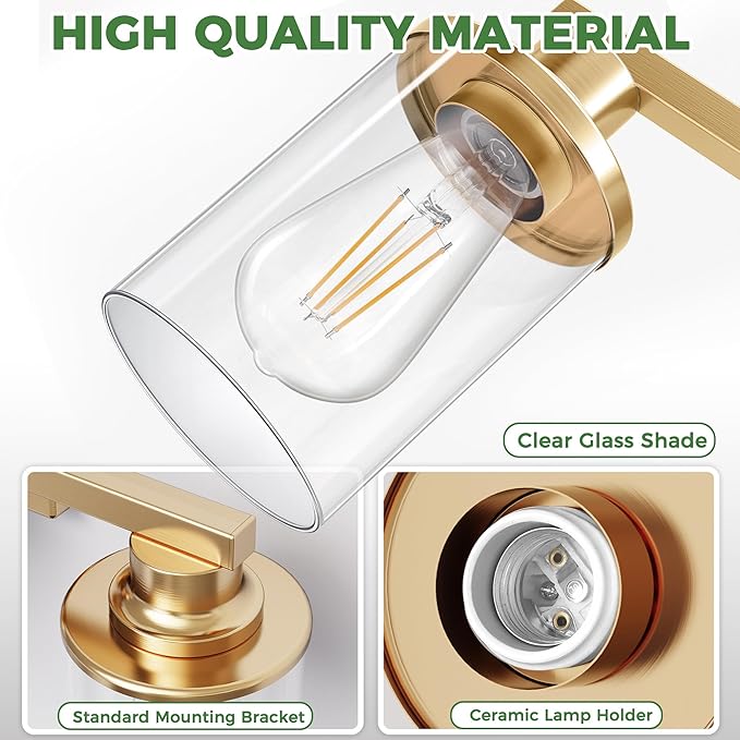 DORESshop 17 Inch Bathroom Light Fixtures, 3-Light Copper Bathroom Lighting Fixtures Over Mirror with Clear Glass Shade, Vanity Lights for Living Room Bedroom