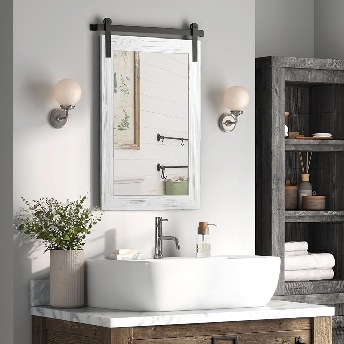 COGOOD Farmhouse Barn Door Mirror - 26 x 17 White | Rustic Wood Framed Vanity Mirror for Entryway, Living Room, Bedroom, Bathroom Wall Decor