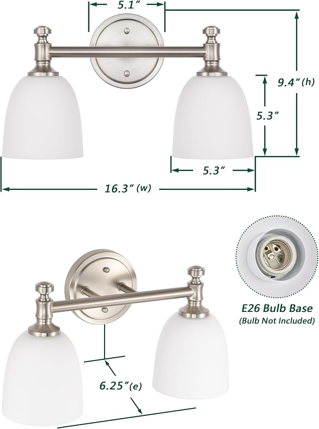 Bathroom Light Fixtures, Brushed Nickel 2-Light Bathroom Vanity Light Fixtures Over Mirror, Vintage Vanity Lights for Bathroom Living Room, Milk White Glass Shades , Standard E26 Base, Brushed Nickel