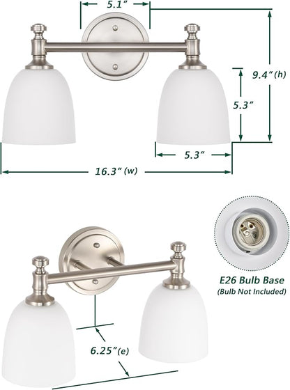 Bathroom Light Fixtures, Brushed Nickel 2-Light Bathroom Vanity Light Fixtures Over Mirror, Vintage Vanity Lights for Bathroom Living Room, Milk White Glass Shades , Standard E26 Base, Brushed Nickel