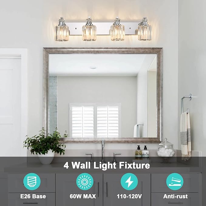 Chrome Bathroom Light Fixtures with K9 Crystal Lampshade Bathroom Lighting Over Mirror Vanity Lights for Living Room,Bedroom,Restroom,Hallway 4 Lights